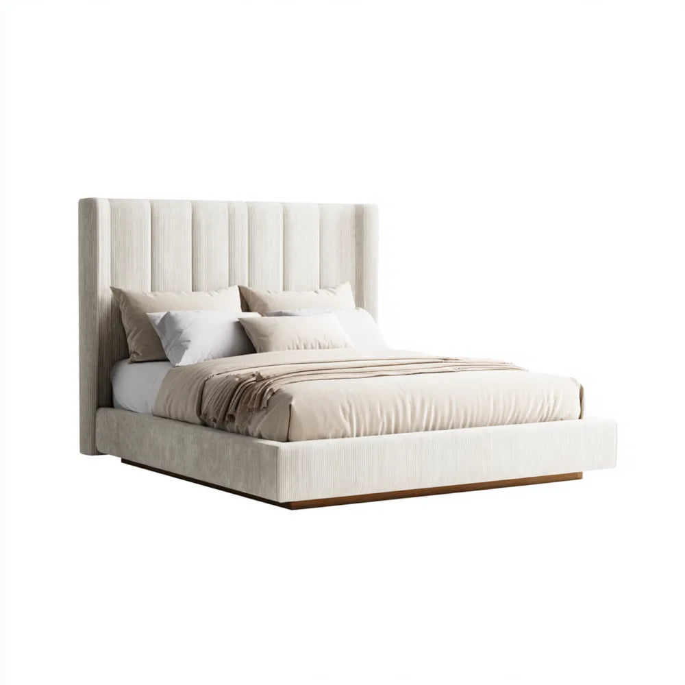 Double Bed Upholstered Platform 150x200x130 cm - Beige - Modern Design