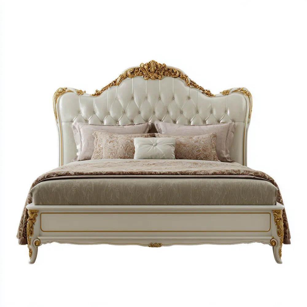 Double Bed Upholstered Wood 200x150x120 cm - Cream - Classic Design
