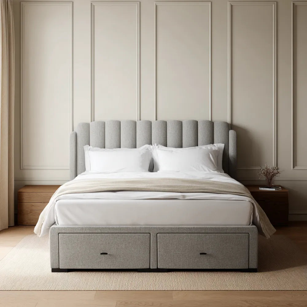 Double Bed 200cm x 160cm x 120cm Upholstered Fabric with Storage Drawers - Light Grey - Modern Design