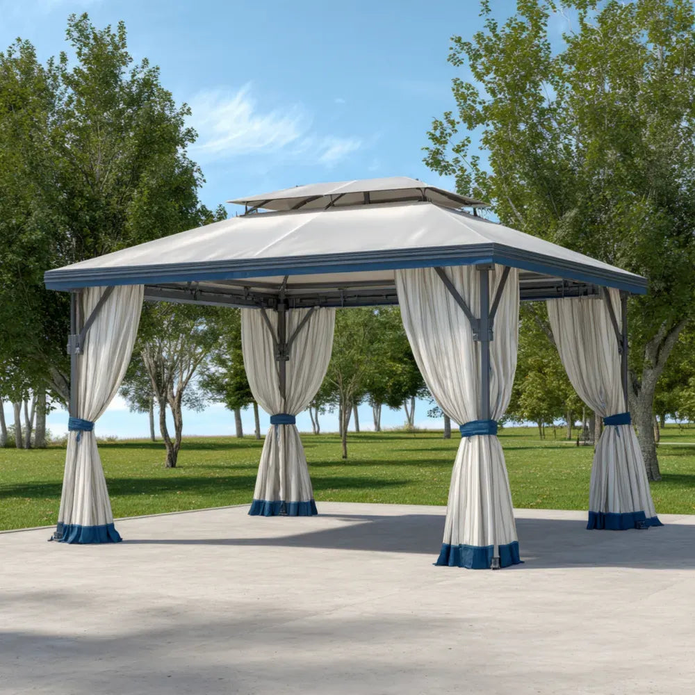 Gazebo Canopy 4x3x2.7m – Cream/Blue – Outdoor Metal Frame