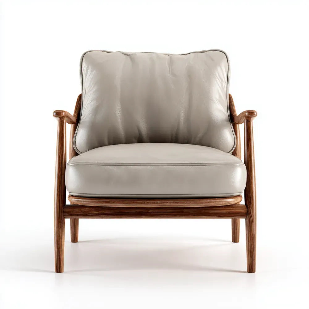 Leather Armchair with Wooden Frame 70x80x85 cm - Beige - Mid-Century Modern Style