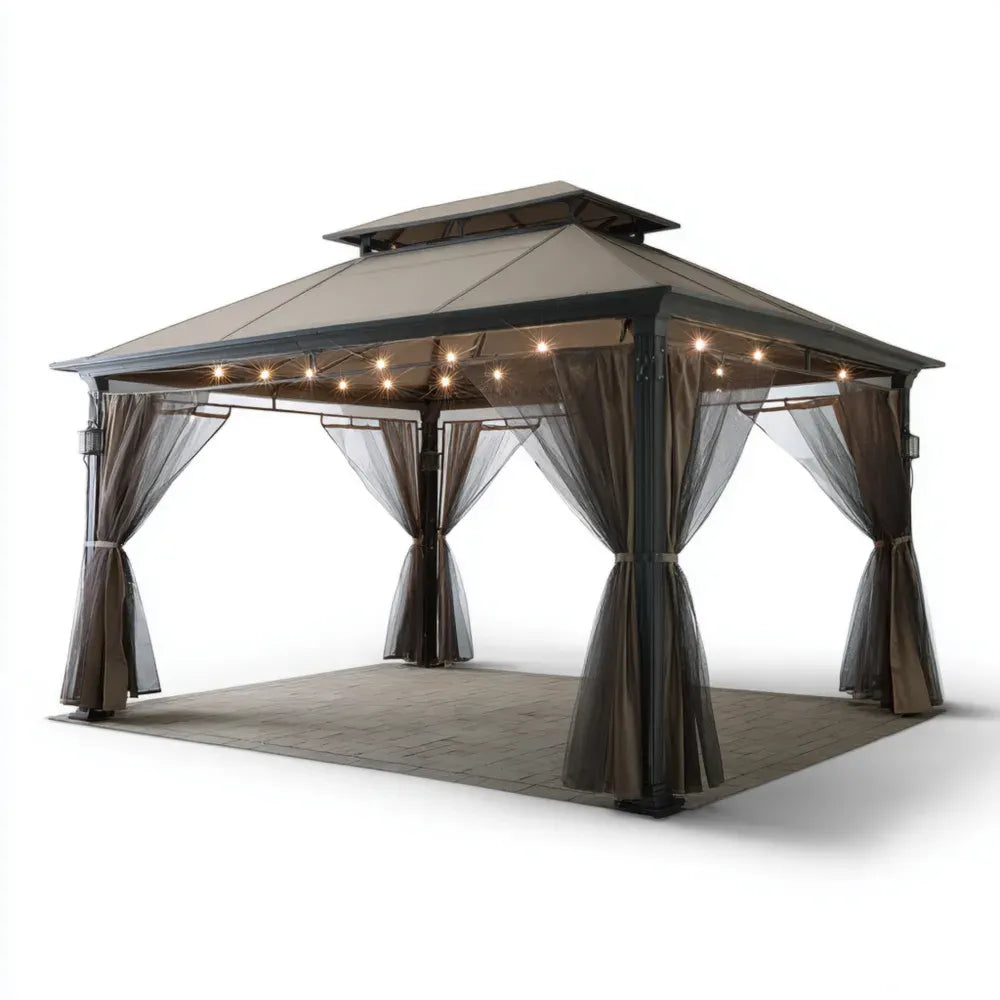 Outdoor Gazebo Steel Frame 12x10x9 ft – Brown – Double Roof with Netting